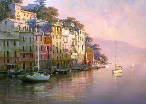 Portofino White Modern Wood Framed Art Print with Double Matting by Obuchovsky, Yury