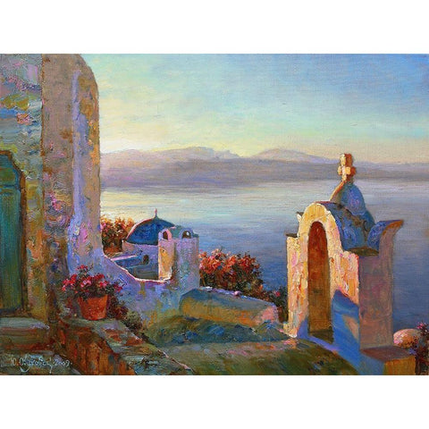 Morning on Santorini White Modern Wood Framed Art Print by Obuchovsky, Yury