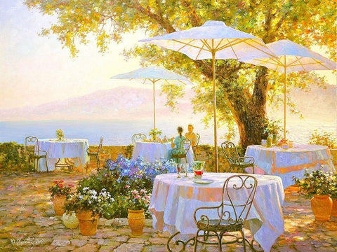 Morning Cafe Black Ornate Wood Framed Art Print with Double Matting by Obuchovsky, Yury