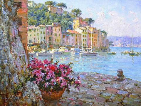 Flowers in Portofino White Modern Wood Framed Art Print with Double Matting by Obuchovsky, Yury