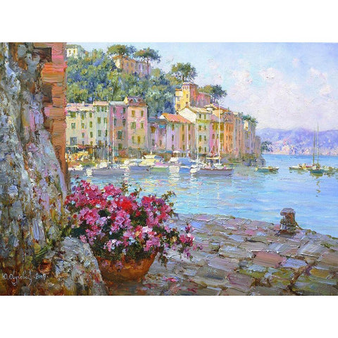 Flowers in Portofino Black Modern Wood Framed Art Print with Double Matting by Obuchovsky, Yury