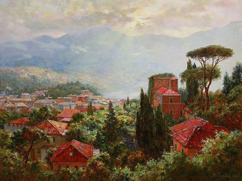 Liguria White Modern Wood Framed Art Print with Double Matting by Obuchovsky, Yury