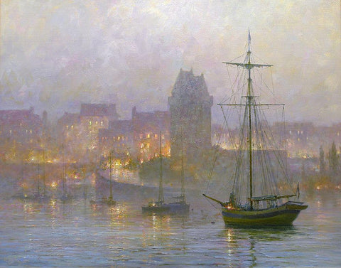 Evening in Harbour Black Ornate Wood Framed Art Print with Double Matting by Obuchovsky, Yury