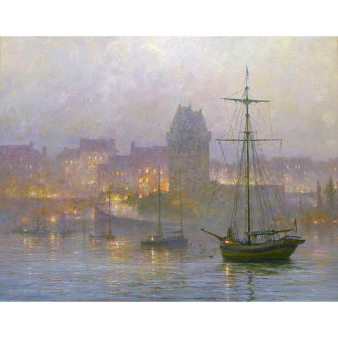 Evening in Harbour Black Modern Wood Framed Art Print with Double Matting by Obuchovsky, Yury