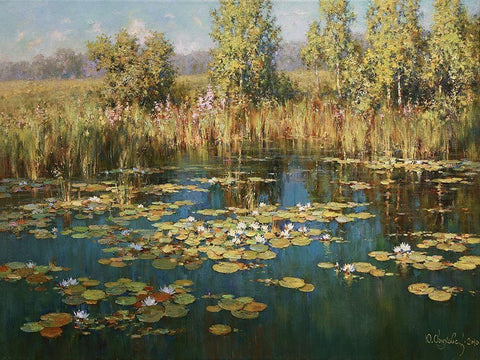 Pond White Modern Wood Framed Art Print with Double Matting by Obuchovsky, Yury