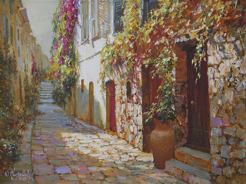 The Street in Antibes White Modern Wood Framed Art Print with Double Matting by Obuchovsky, Yury