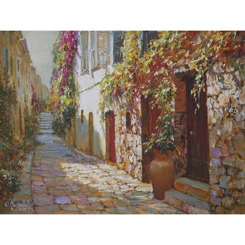 The Street in Antibes Black Modern Wood Framed Art Print with Double Matting by Obuchovsky, Yury