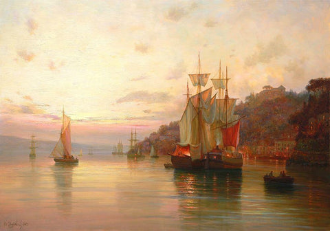 Evening with Sails White Modern Wood Framed Art Print with Double Matting by Obuchovsky, Yury