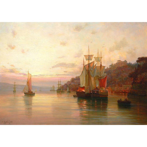 Evening with Sails Gold Ornate Wood Framed Art Print with Double Matting by Obuchovsky, Yury