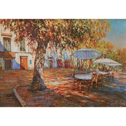 White Umbrellas Gold Ornate Wood Framed Art Print with Double Matting by Obuchovsky, Yury