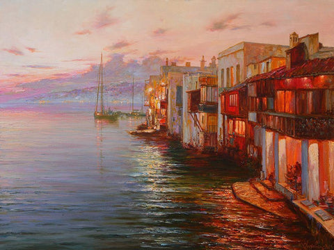 Mikonos. Night Lights White Modern Wood Framed Art Print with Double Matting by Obuchovsky, Yury