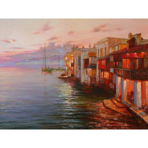 Mikonos. Night Lights White Modern Wood Framed Art Print by Obuchovsky, Yury