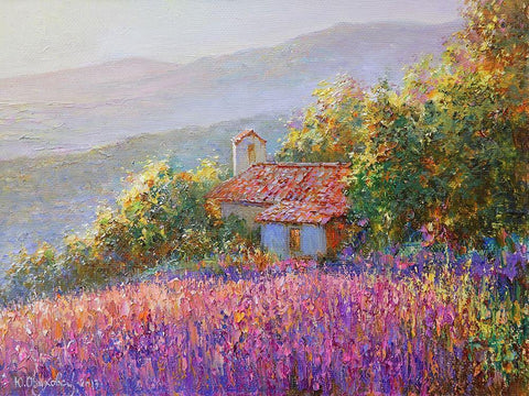 Morning Light in Provence White Modern Wood Framed Art Print with Double Matting by Obuchovsky, Yury