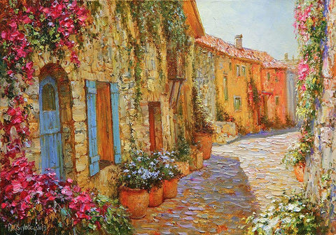 Street in Provence White Modern Wood Framed Art Print with Double Matting by Obuchovsky, Yury