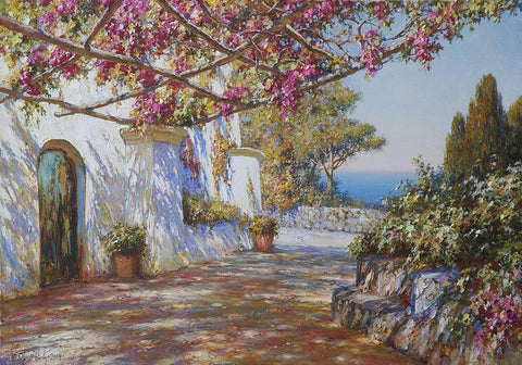 Terrace in Ravello II White Modern Wood Framed Art Print with Double Matting by Obuchovsky, Yury