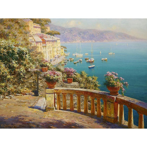 Portofino-Flowers above the Sea White Modern Wood Framed Art Print by Obuchovsky, Yury