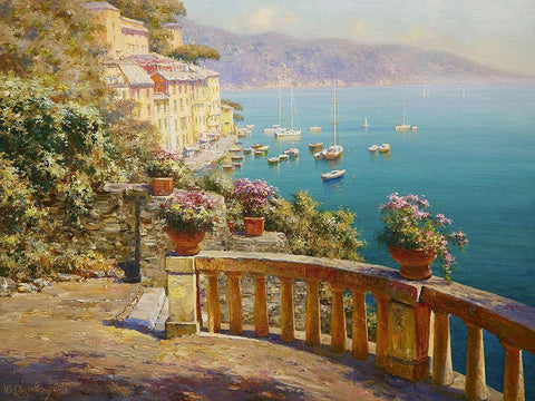 Portofino-Flowers above the Sea Black Ornate Wood Framed Art Print with Double Matting by Obuchovsky, Yury