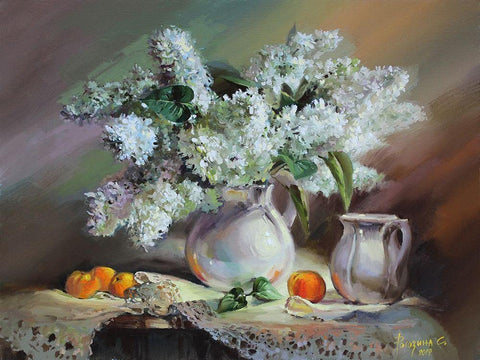 Still Life with Lilac Black Ornate Wood Framed Art Print with Double Matting by Rogozina, Svetlana