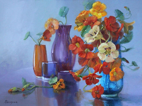 Still Life with blue Background White Modern Wood Framed Art Print with Double Matting by Rogozina, Svetlana