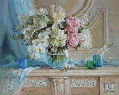 Still Life with Blue Veil White Modern Wood Framed Art Print with Double Matting by Rogozina, Svetlana