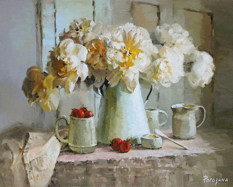 Still Life with White Peonies White Modern Wood Framed Art Print with Double Matting by Rogozina, Svetlana