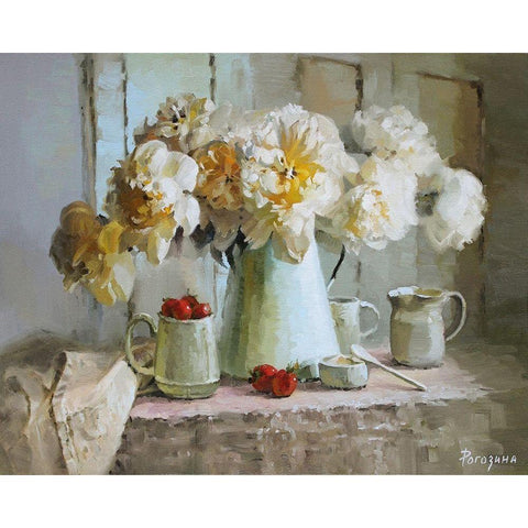 Still Life with White Peonies Black Modern Wood Framed Art Print by Rogozina, Svetlana