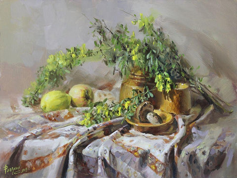 Still Life with Acacia Black Ornate Wood Framed Art Print with Double Matting by Rogozina, Svetlana