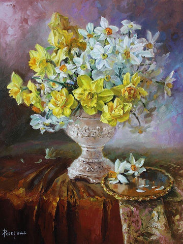 Still Life with Daffodils White Modern Wood Framed Art Print with Double Matting by Rogozina, Svetlana