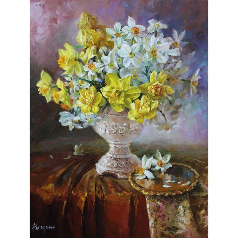 Still Life with Daffodils Gold Ornate Wood Framed Art Print with Double Matting by Rogozina, Svetlana