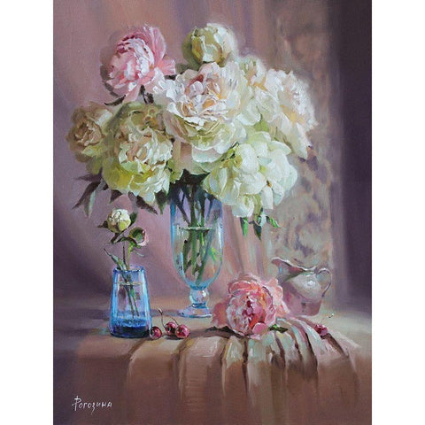 Still Life with Bouquet of Peonies Black Modern Wood Framed Art Print with Double Matting by Rogozina, Svetlana