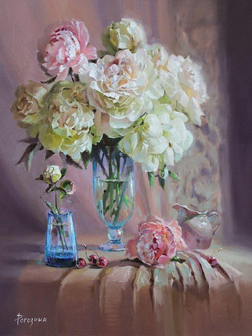 Still Life with Bouquet of Peonies White Modern Wood Framed Art Print with Double Matting by Rogozina, Svetlana