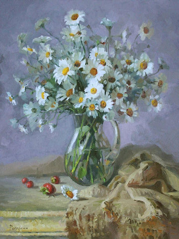 Still Life with Daisies Black Ornate Wood Framed Art Print with Double Matting by Rogozina, Svetlana