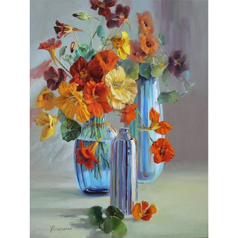 Flowers in Blue Vases White Modern Wood Framed Art Print by Rogozina, Svetlana