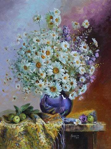 Bouquet of Daisies Black Ornate Wood Framed Art Print with Double Matting by Rogozina, Svetlana