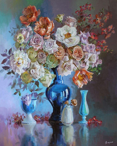 Big Bouquet of Tender Roses White Modern Wood Framed Art Print with Double Matting by Rogozina, Svetlana