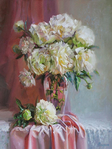 White Peonies White Modern Wood Framed Art Print with Double Matting by Rogozina, Svetlana