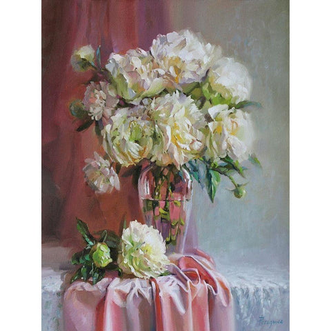 White Peonies Black Modern Wood Framed Art Print by Rogozina, Svetlana