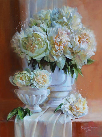 White Peonies II Black Ornate Wood Framed Art Print with Double Matting by Rogozina, Svetlana