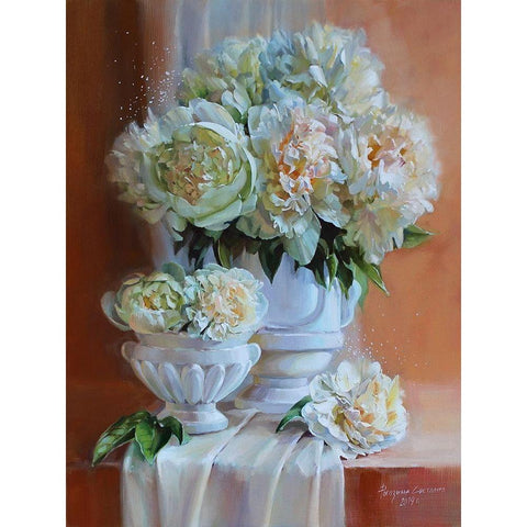 White Peonies II Black Modern Wood Framed Art Print with Double Matting by Rogozina, Svetlana