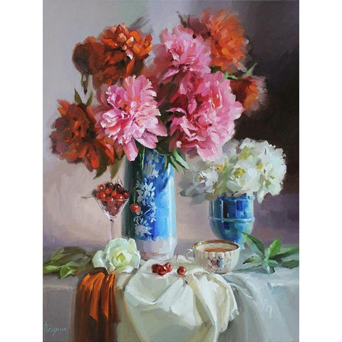 Scarlet Peonies Black Modern Wood Framed Art Print by Rogozina, Svetlana