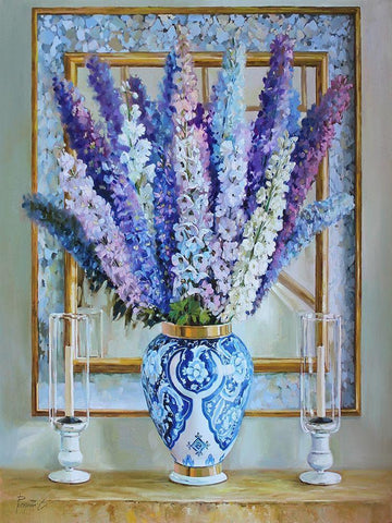Delphinium Flowers White Modern Wood Framed Art Print with Double Matting by Rogozina, Svetlana