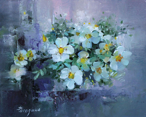 White Flowers Black Ornate Wood Framed Art Print with Double Matting by Rogozina, Svetlana