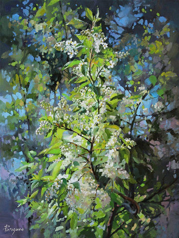 Bird Cherry Black Ornate Wood Framed Art Print with Double Matting by Rogozina, Svetlana