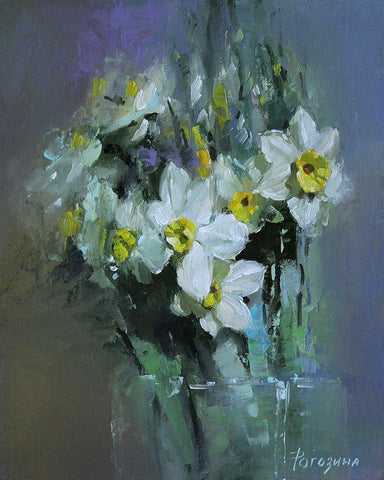 Daffodils White Modern Wood Framed Art Print with Double Matting by Rogozina, Svetlana
