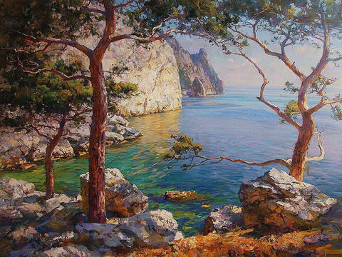 Rocky Coast I Black Ornate Wood Framed Art Print with Double Matting by Sviridov, Sergei