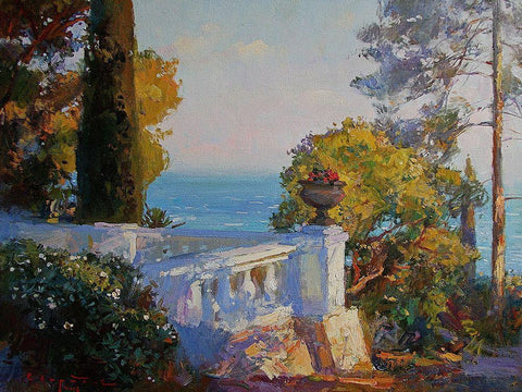 White Terrace by the Sea Black Ornate Wood Framed Art Print with Double Matting by Sviridov, Sergei