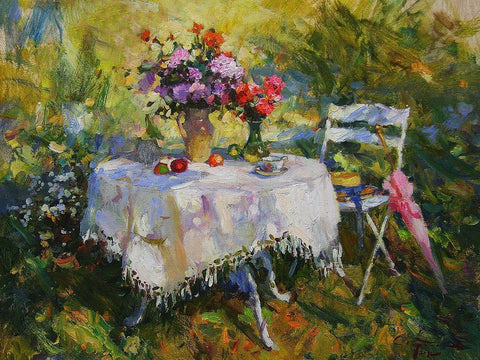A Table in Garden IV Black Ornate Wood Framed Art Print with Double Matting by Sviridov, Sergei