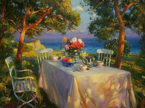 A Table in Garden V White Modern Wood Framed Art Print with Double Matting by Sviridov, Sergei