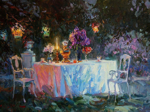 A Table in Garden VII Black Ornate Wood Framed Art Print with Double Matting by Sviridov, Sergei