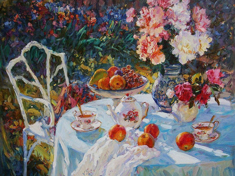 A Table in Garden VIII Black Ornate Wood Framed Art Print with Double Matting by Sviridov, Sergei